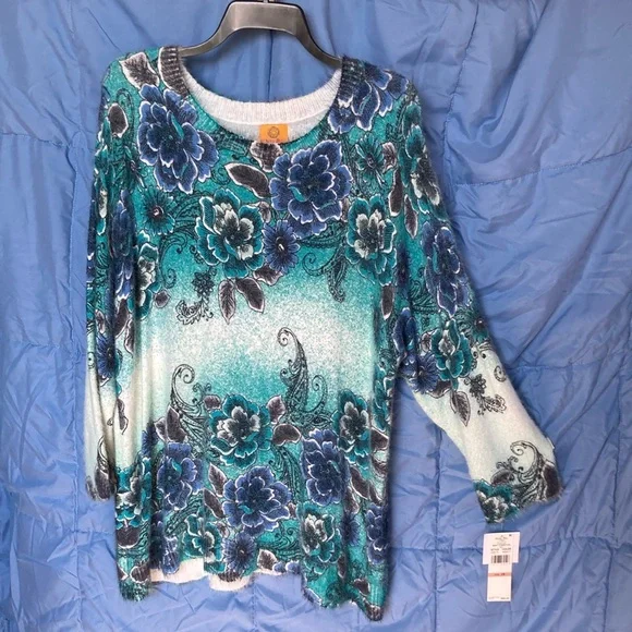 Relisted Ruby Rd sweater floral print ombré fuzzy pullover boho casual office 2X - Picture 9 of 17